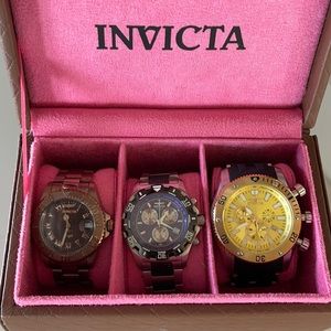 All 3 Invicta watches included. Case also included. Two women’s one men’s watch.